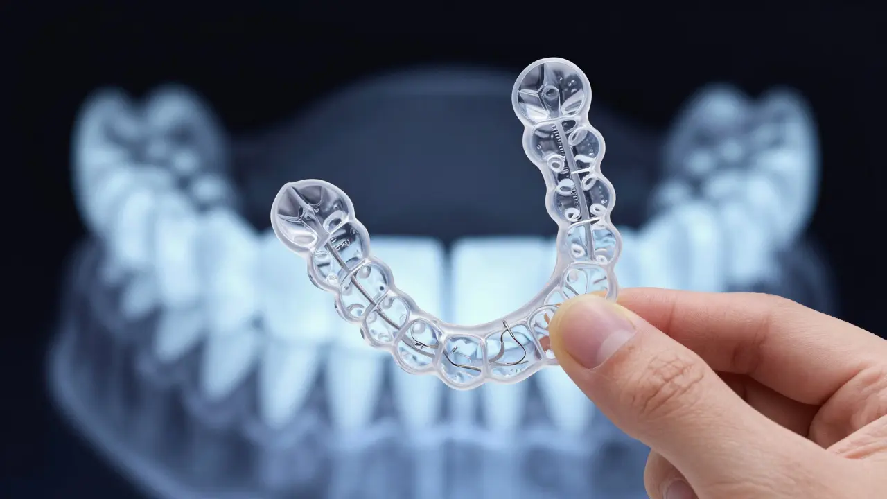 Ruky drží průhledné, přizpůsobené šablony pro rovnátka na pozadí 3D skenu zubů.