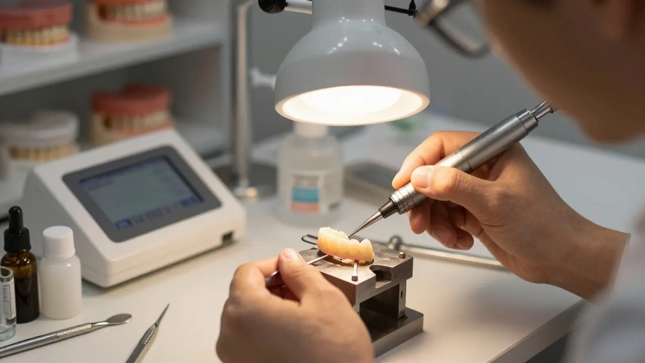 Technik v zubní laboratoři upravuje tenkou keramickou fazetu pod lůžkem.