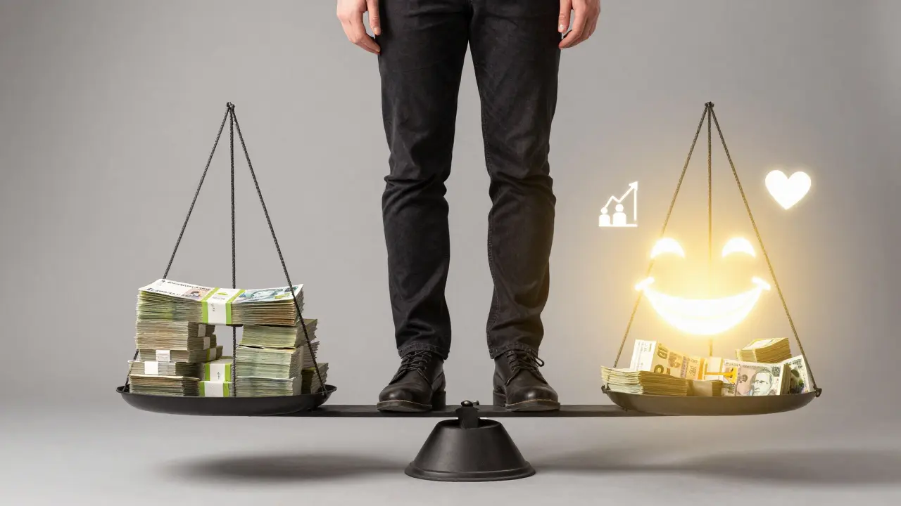Váha s penězi na jedné straně a zářivým úsměvem na druhé.