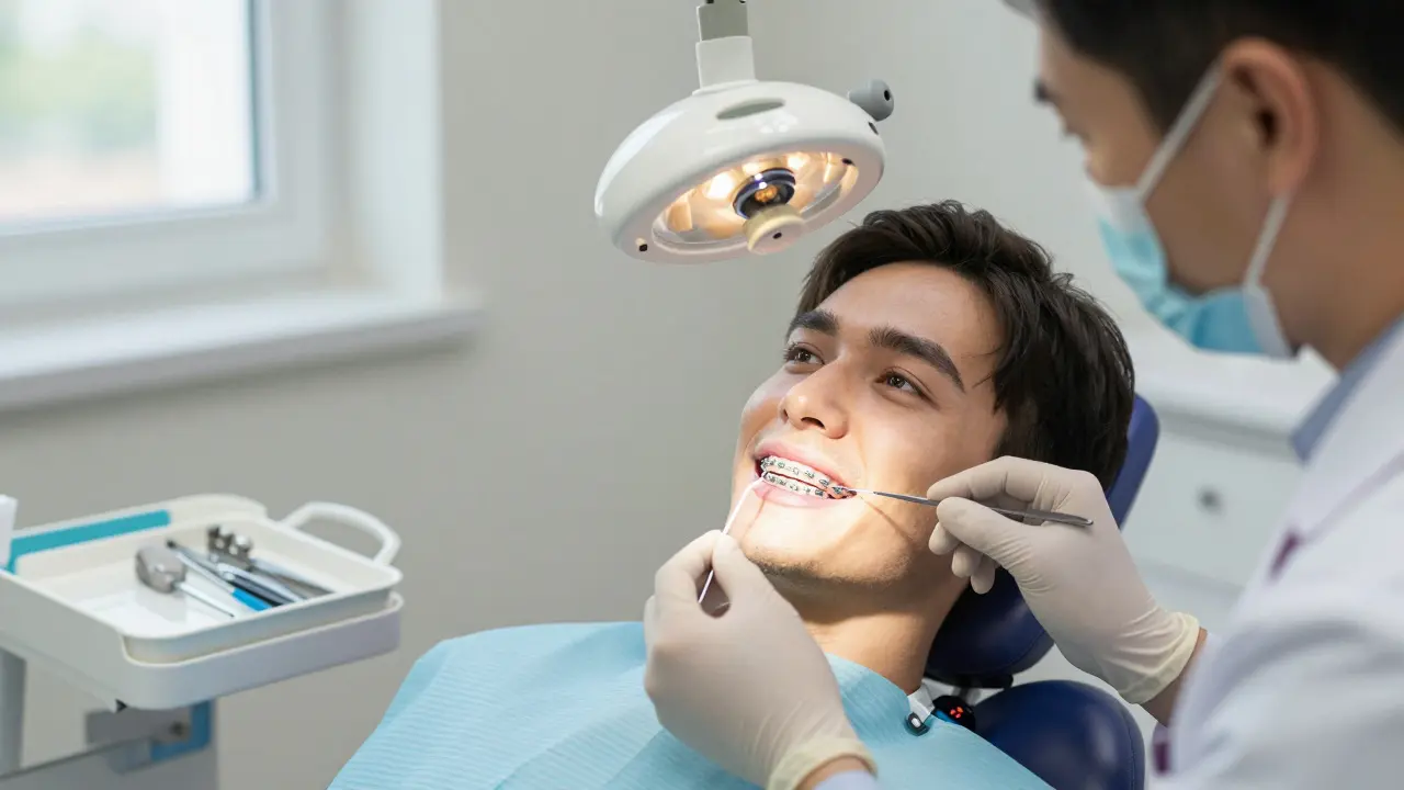 Zubař prohlíží zuby pod mikroskopem, pacient se usmívá, na stole jsou fluoridové přípravky.