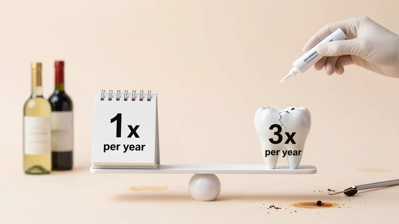 Balanced scale comparing safe annual teeth whitening versus harmful frequent treatments.