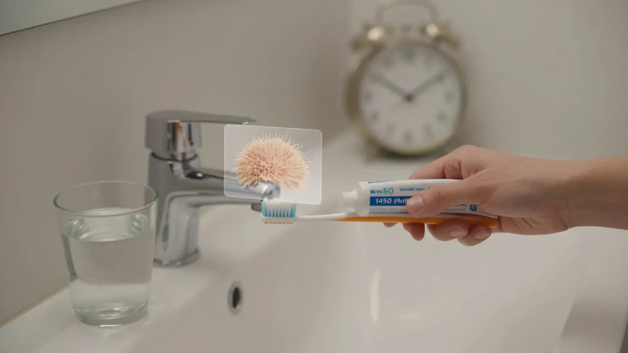 Člověk čistí zuby fluoridovou pastou v klidném prostředí