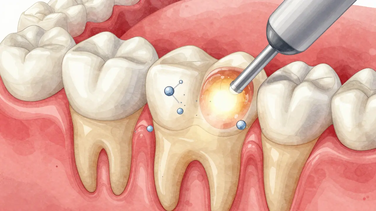 Cross-section of tooth showing laser-activated gel removing internal stains without damaging enamel.