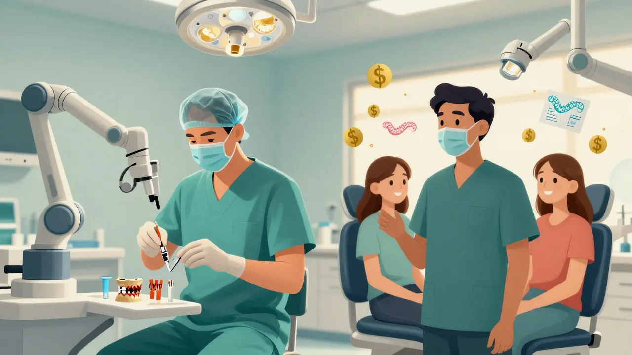 Dental surgeon and orthodontist working in contrasting high-tech environments with patients.