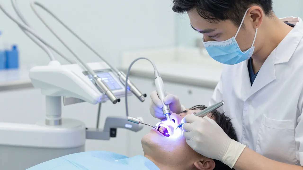 Dentista aplikuje bělící gel s LED světlem během profesionálního bělení zubů.