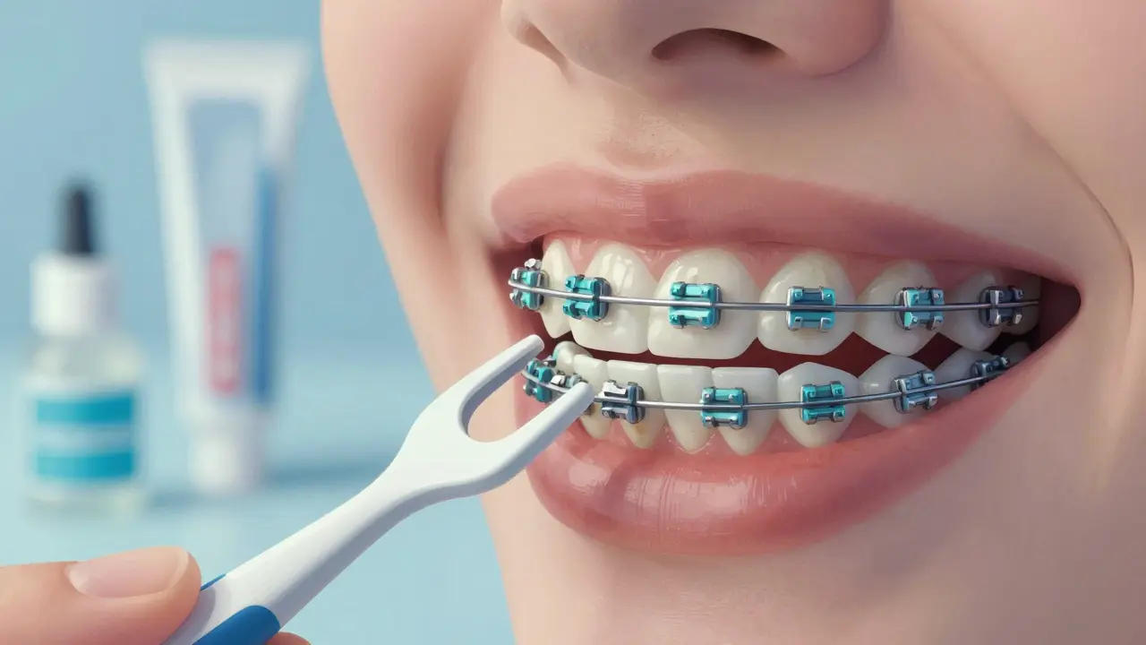 Detailní pohled na ústa s keramickými rovnátky během čištění interdentalním kartáčkem.