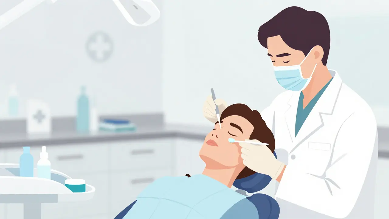 Diabetik dostává fluoridovou aplikaci od zubního lékaře.