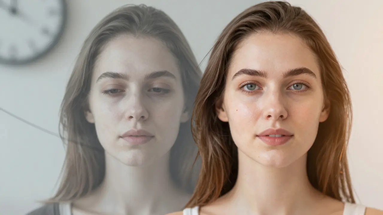 Dvojité expozice: unavená tvář se mění v živou, odpočatou verzi téhož člověka.