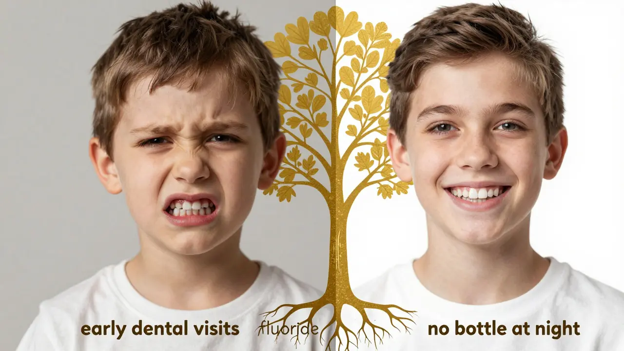 Dvojitý obraz dítěte: jedna strana s zanedbanými zuby, druhá se zdravým úsměvem a správným vývojem čelisti.