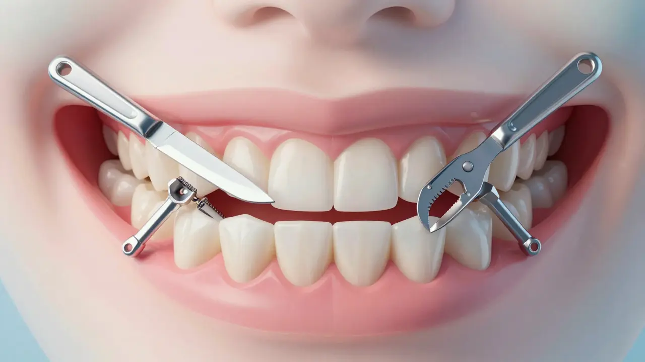 Konceptuální obraz úsměvu jako stroje, kde každý zub představuje jiný nástroj pro žvýkání.