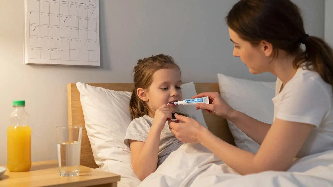 Maminka čistí dcerce zuby ve večerní atmosféře domácnosti s vodou a prázdnou láhvičkou.
