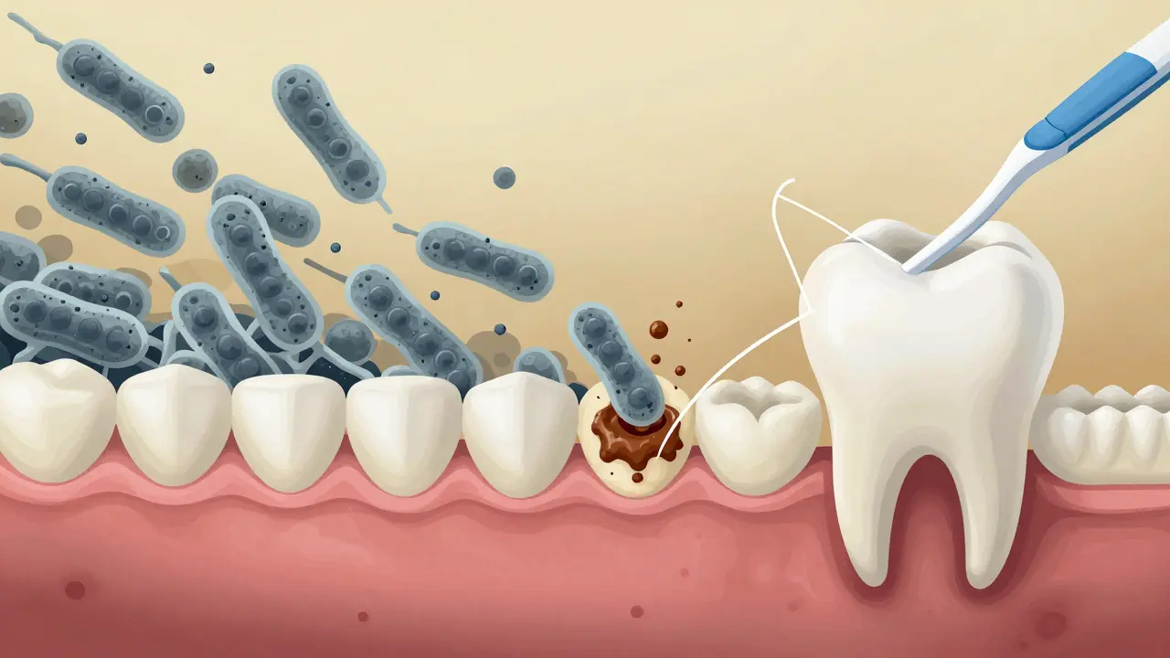 Mikroskopický pohled na zubní plak přeměňující se v zubní kámen.