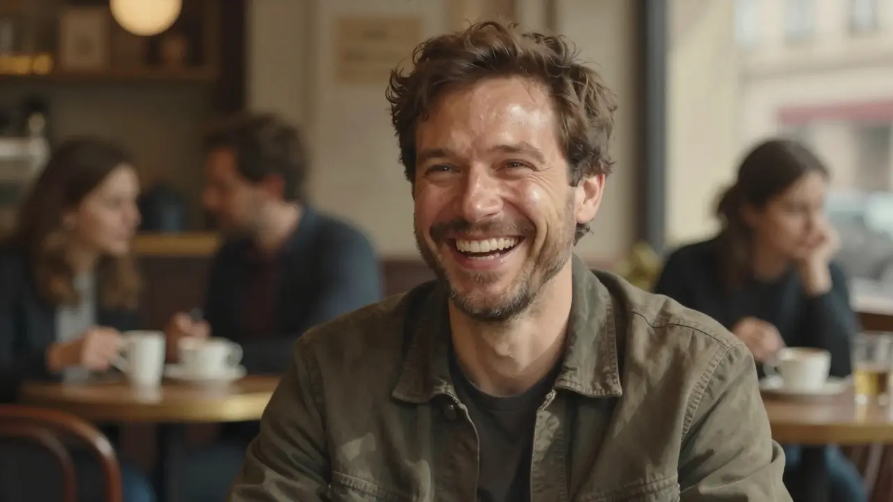 Muž se směje v kavárně s obnoveným, přirozeným výrazem tváře.