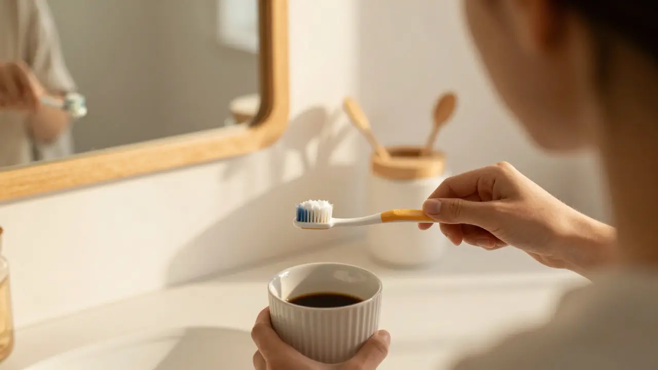 Osoba čistí zuby po kávě pomocí slámečky a bělící pasty, jemné osvětlení.