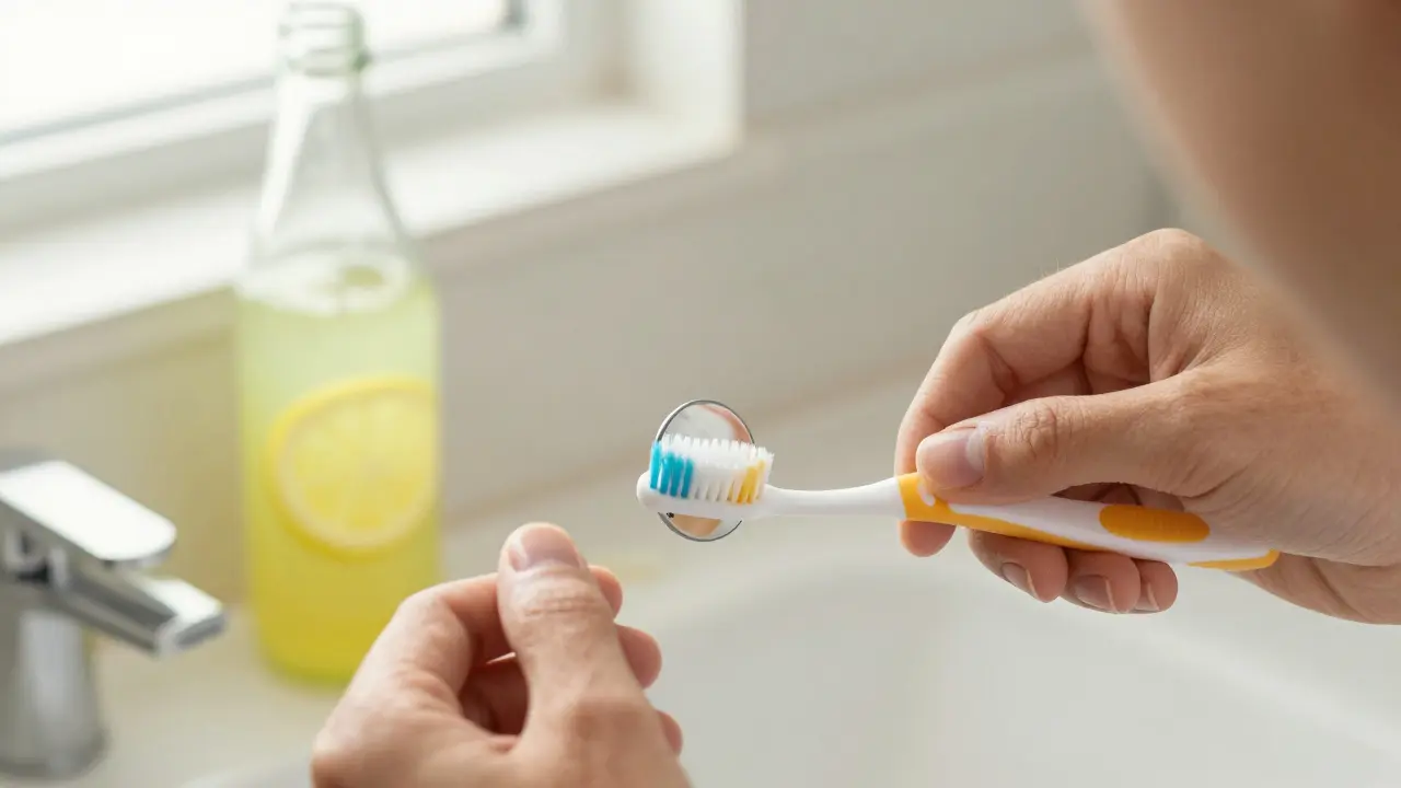 Osoba čistící zuby měkkým kartáčkem pod úhlem 45 stupňů, s dásněmi v dobrém stavu a kyselými nápoji na pozadí.