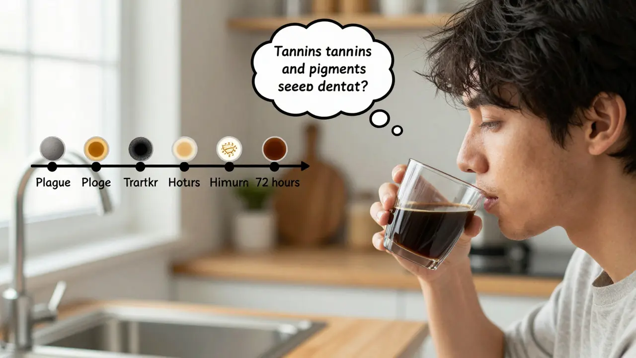 Osoba pije černou kávu, zatímco barviva pronikají do zubního náledu v myšlenkové bublině.