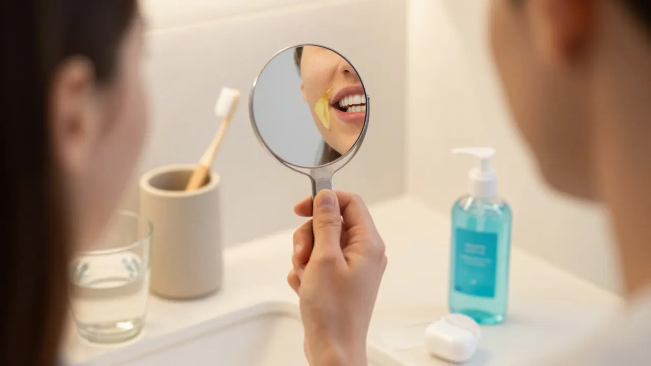 Osoba se dívá do zrcátka a pozoruje plak na hranici zubů a dásní.