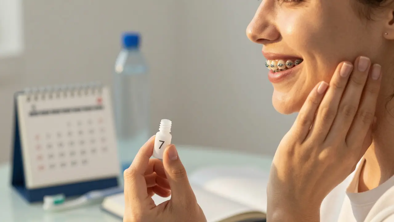 Osoba se usmívá do zrcadla sedmý den po nasazení keramických rovnátek.
