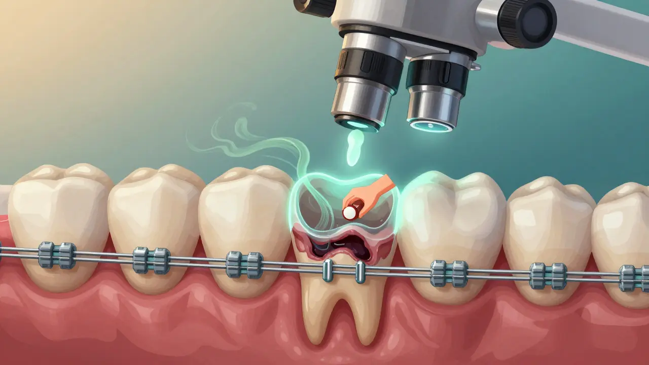 Pod mikroskopem viditelné nánosy plaku a rozklad skloviny na zubě s zbytky rovnátek.
