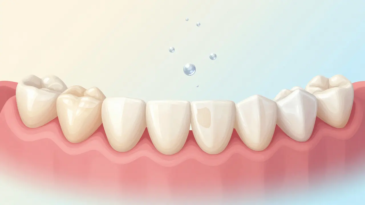 Porovnání přirozeně žlutých zubů a zubů po bělení s nezjasněnou plombou.
