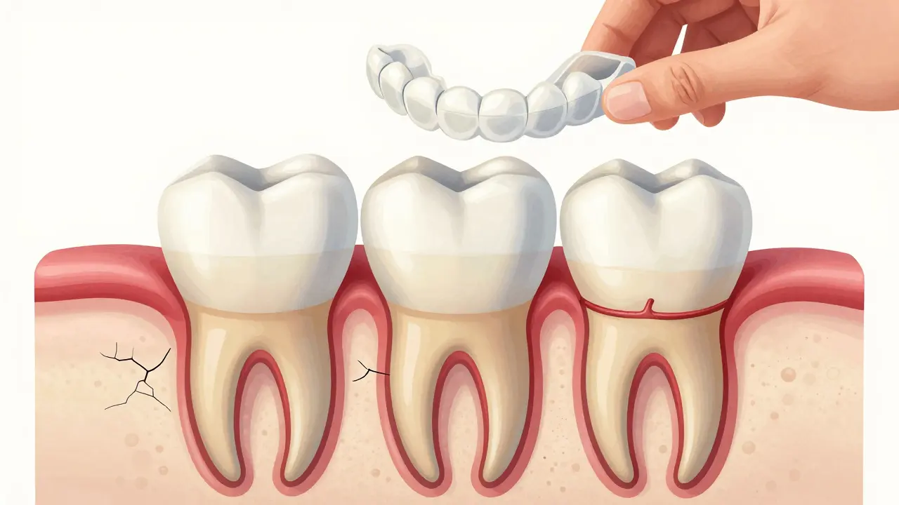 Příčný řez zubem ukazující vrstvy emailu, dentinu a nervu s náznakem poškození.
