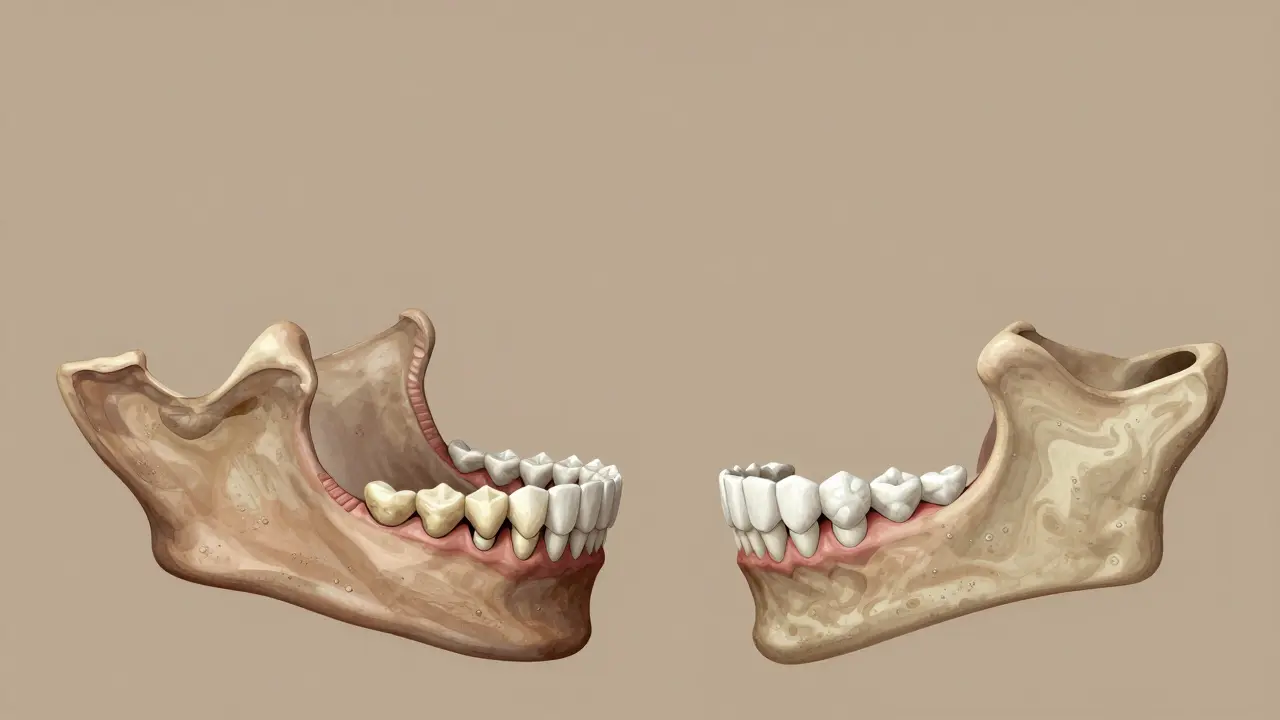 Profil čelisti s porovnáním pravěkého a moderního počtu zubů, včetně zubů moudrosti.
