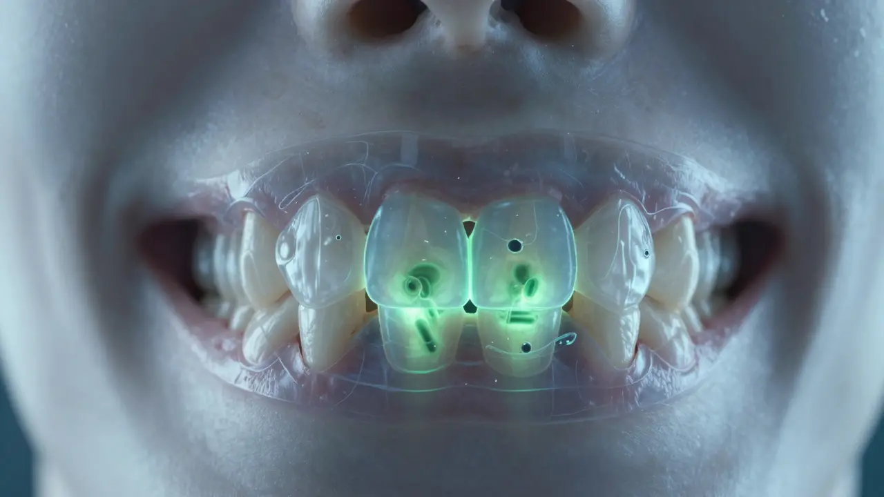 Průhledný pohled na zubní kost s bakteriemi a kází pod nalepovacím zubem.