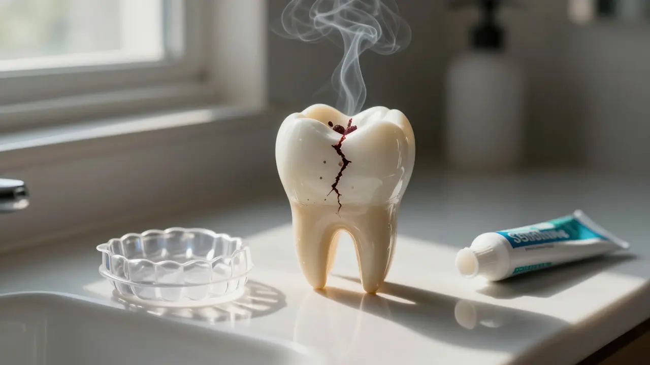 Rozpadající se zub s bakteriemi vtrhajícími do praskliny, vedle něj noční štít a pasta.