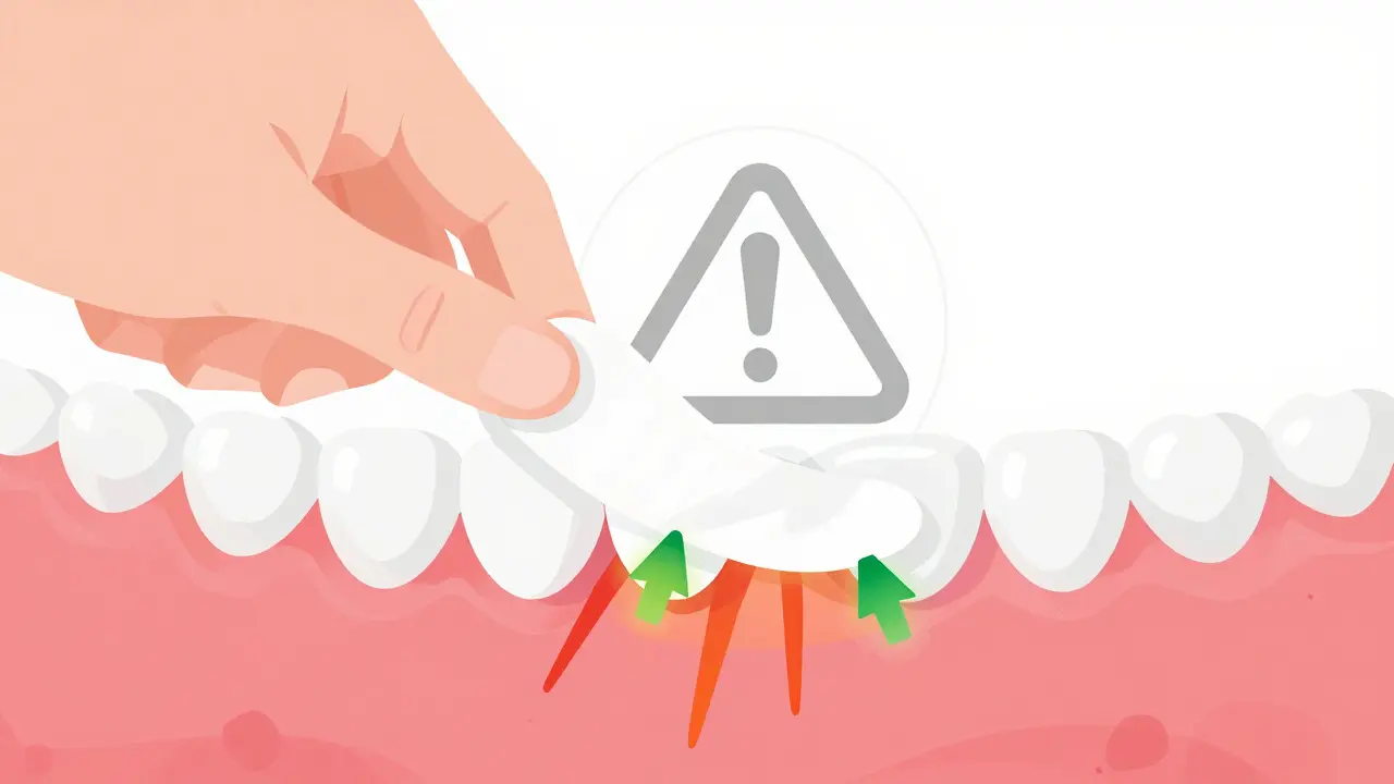 Rukou přilepující bělicí pásku, která se posunula na dásně s varovným symbolem.
