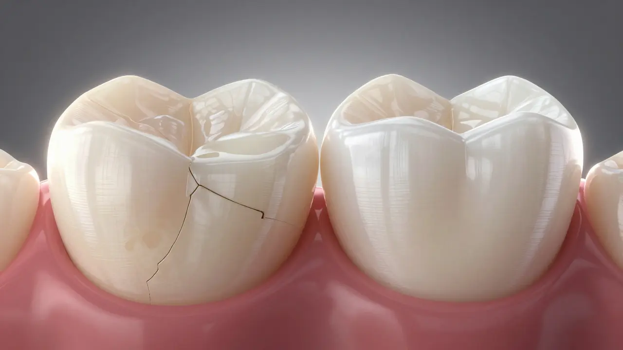 Side-by-side comparison of a damaged tooth and a restored one with a lifelike ceramic veneer.