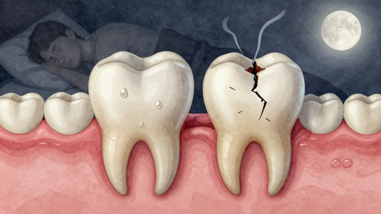 Srovnání zdravého a poškozeného zubu s příznaky bruxismu.