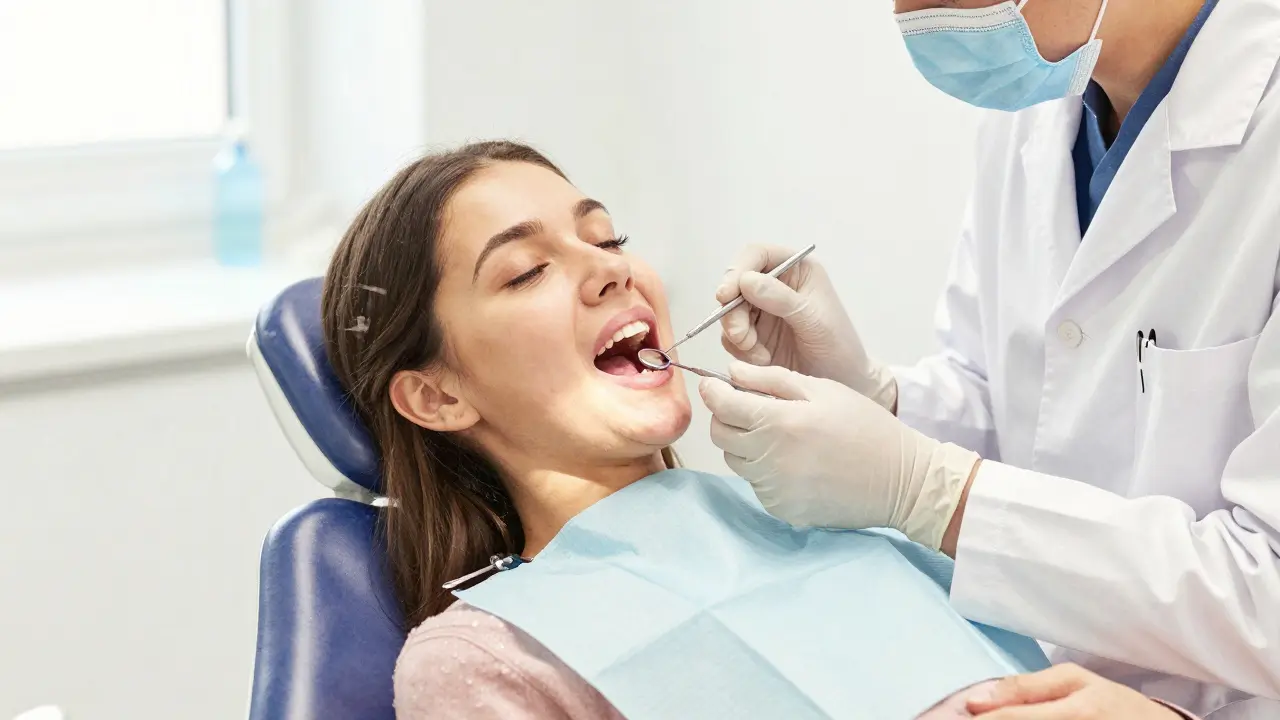 Těhotná žena u zubního lékaře, vyšetřování dásní během těhotenství.