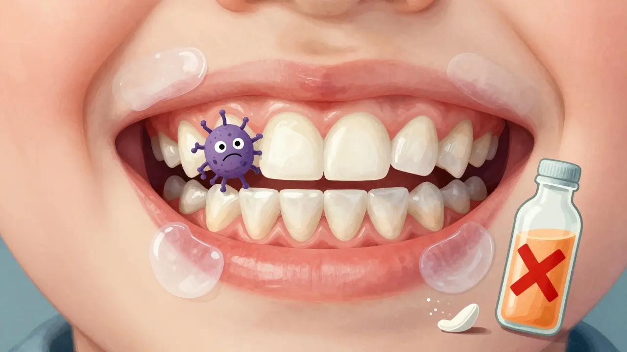 Transparentní výřez dětského ústního ústrojí s ochrannými vrstvami fluoridu a sealanty na zubech.