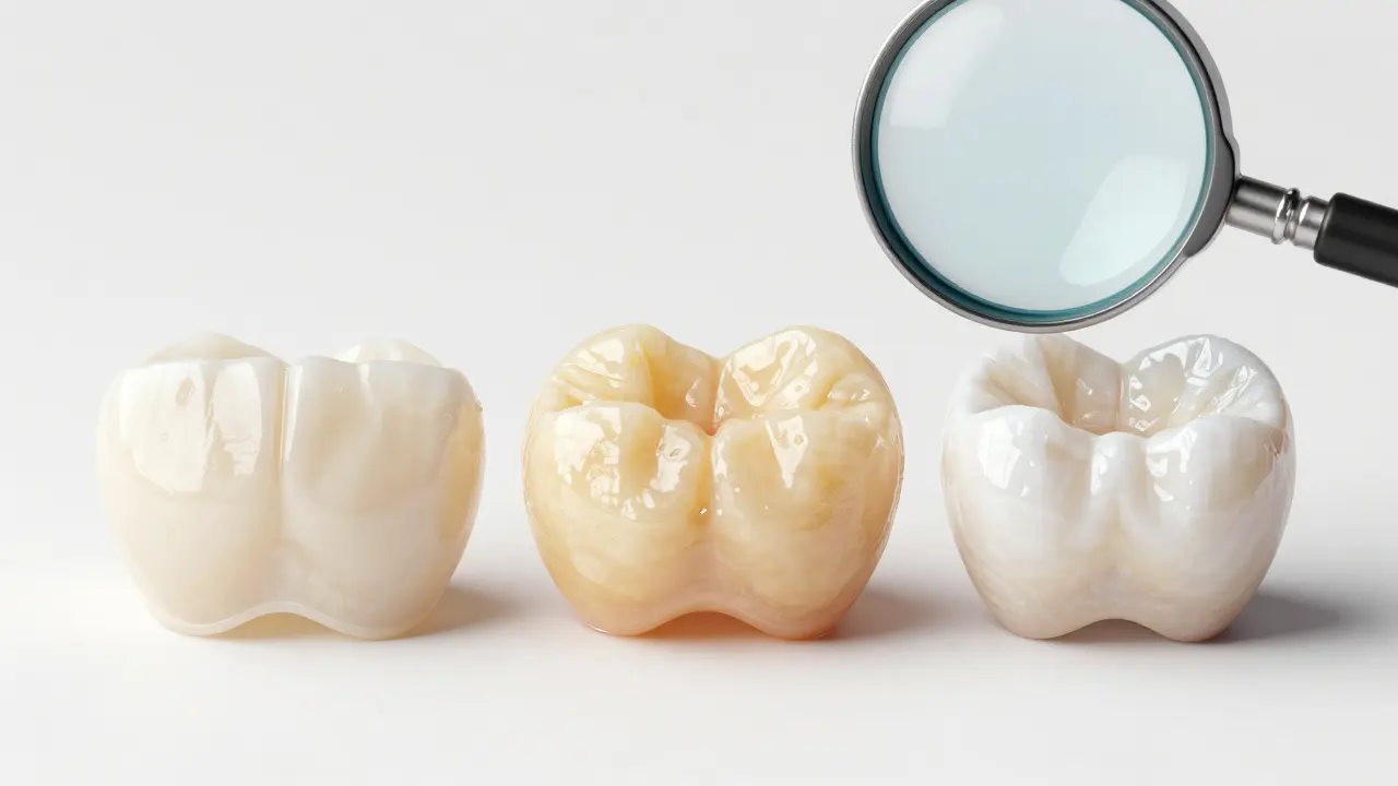 Tři typy nalepovacích zubů vedle sebe: plastový, kompozitní a keramický s detaily materiálu.