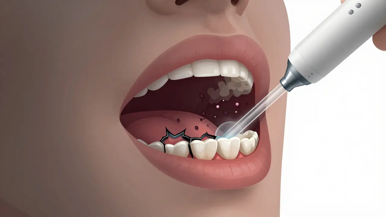 Ultrazvukové čištění odstraňuje černý kámen z zubů, odhaluje zdravý email a vodní proud čistí mezizubní prostory.