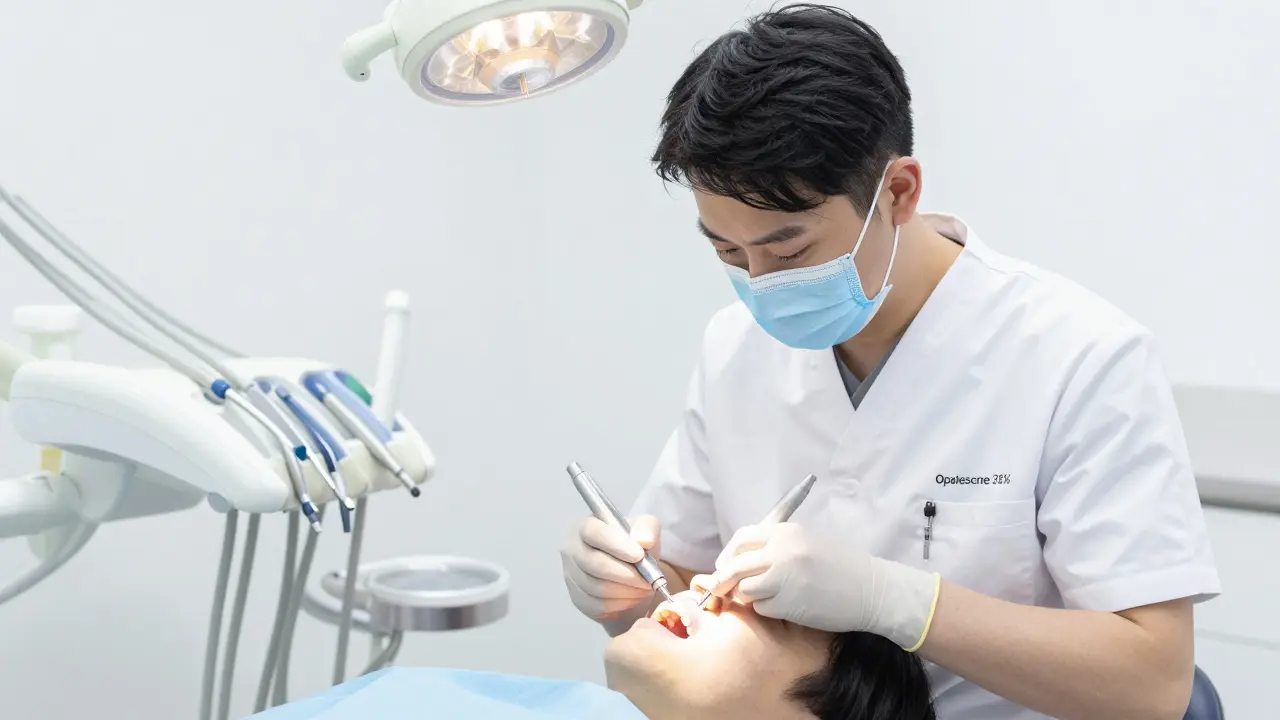 Zubní lékař aplikuje 35% gel na zuby pacienta