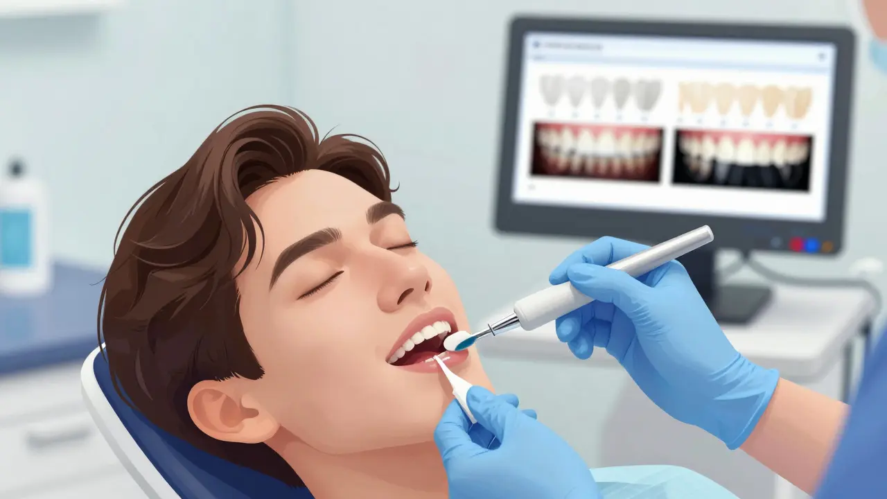 Zubní lékař aplikuje bělící gel Opalescence na zuby pacienta v klinice.