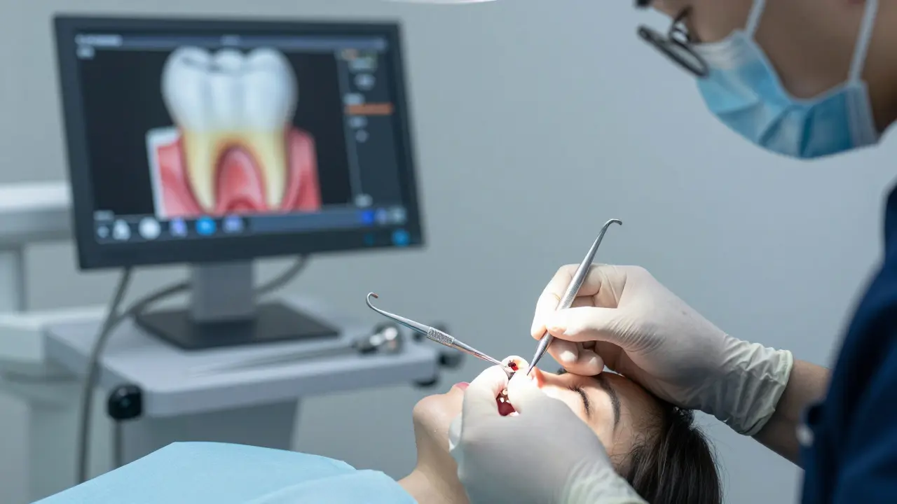 Zubní lékař provádí transplantaci dásně na odhalený kořen zubu v klinice s sterilním vybavením.