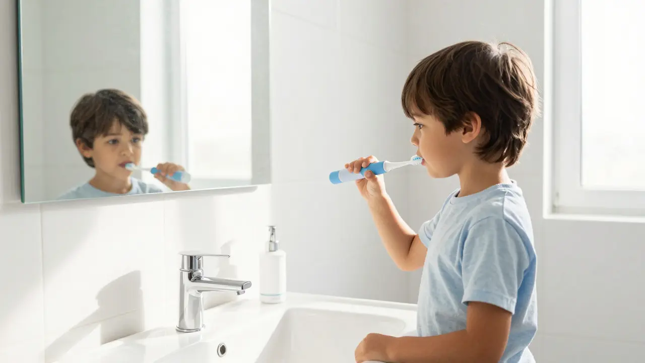 Chlapec si důkladně čistí zuby elektrickou kartáčkou doma.