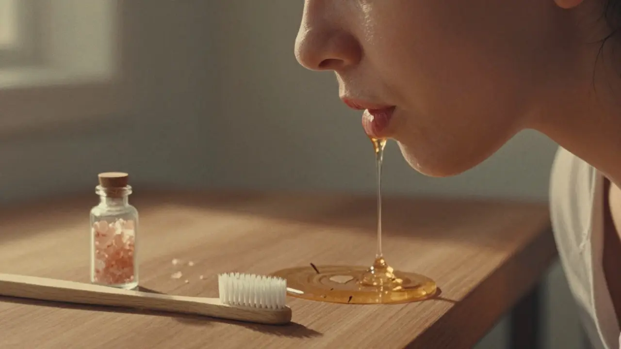 Člověk používá kokosový olej pro oil pulling ve světle ranního slunce.