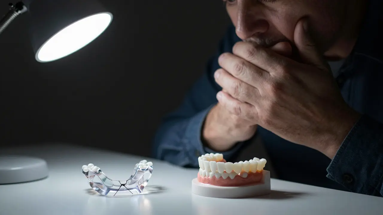 Člověk zakrývající ústa před rozbitou dočasnou protézou, vedle ní kvalitnější náhrada