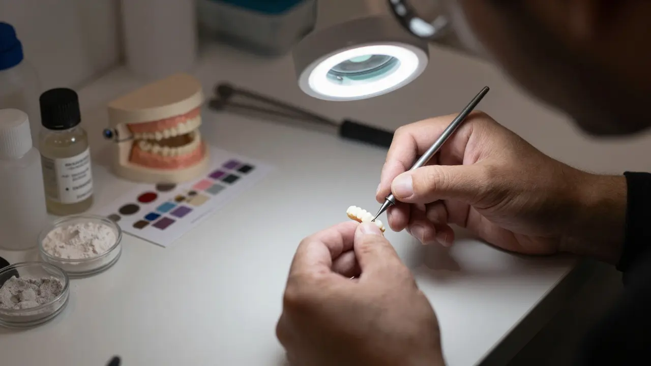 Dental technician crafting a custom ceramic veneer in a precision laboratory.