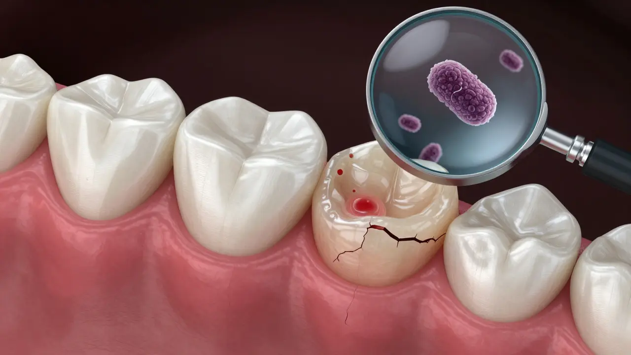 Dokonalá výplň vedle špatně tvarované s náznakem zánětu dásně, zvětšená pod lupou.