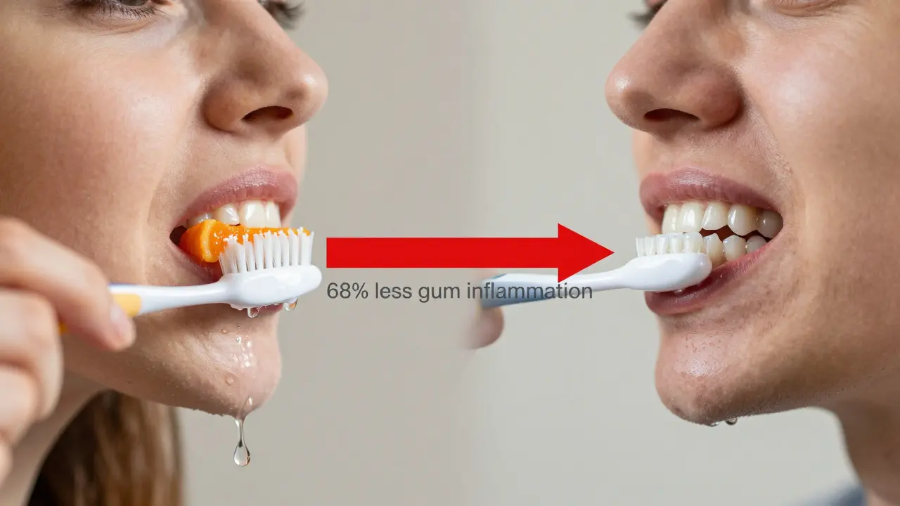 Dvě srovnávací scény: čištění zubů po snídání (poškození) a před snídaní (ochrana).