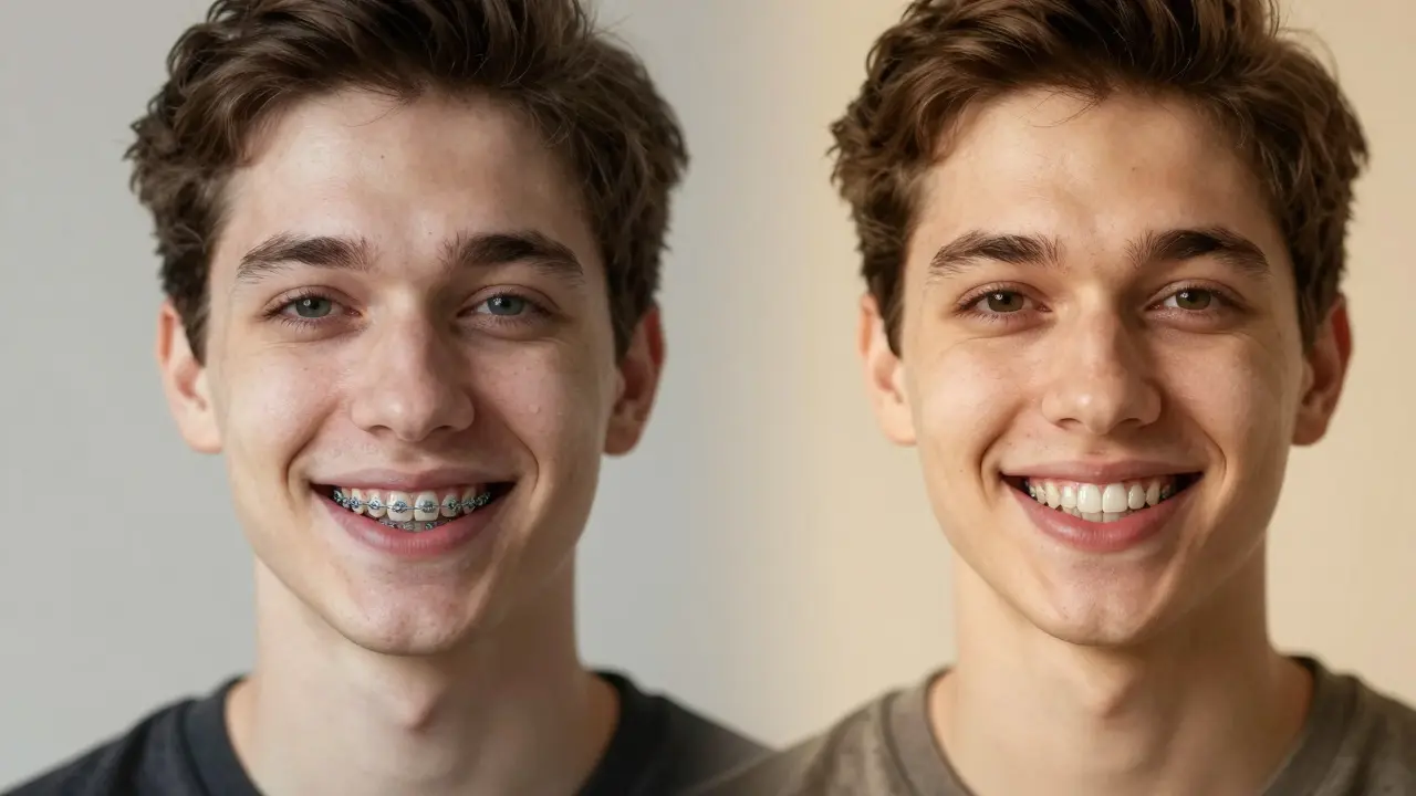 Dvě verze stejné osoby: jedna se stydí, druhá se směje — rozdíl jen v rovnátkách.