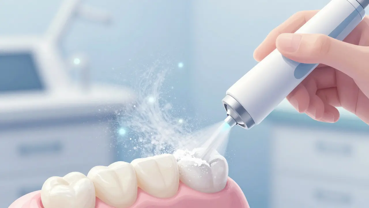 Jemný proud čistícího prášku jemně odstraňuje nečistoty z povrchu zubů v klinice.