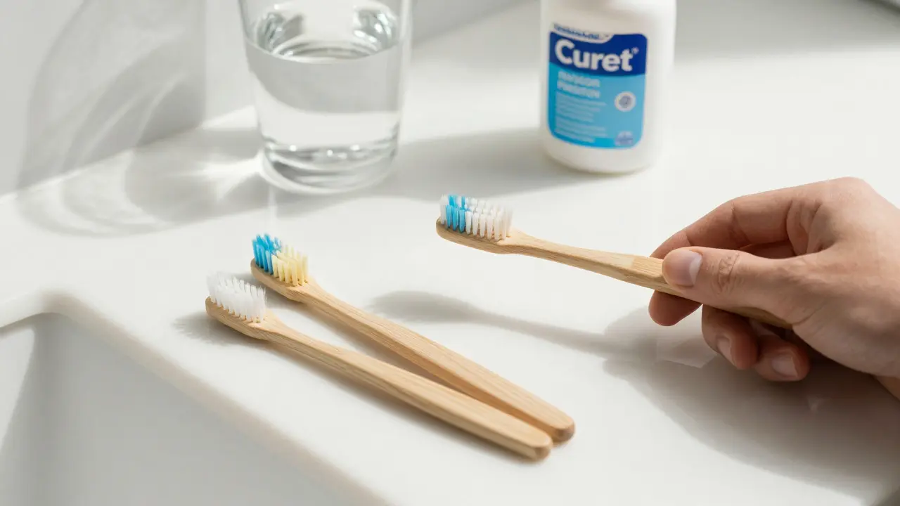 Kartáček Curaprox vedle odhozených klasických kartáčků, symbol změny v hygieně.