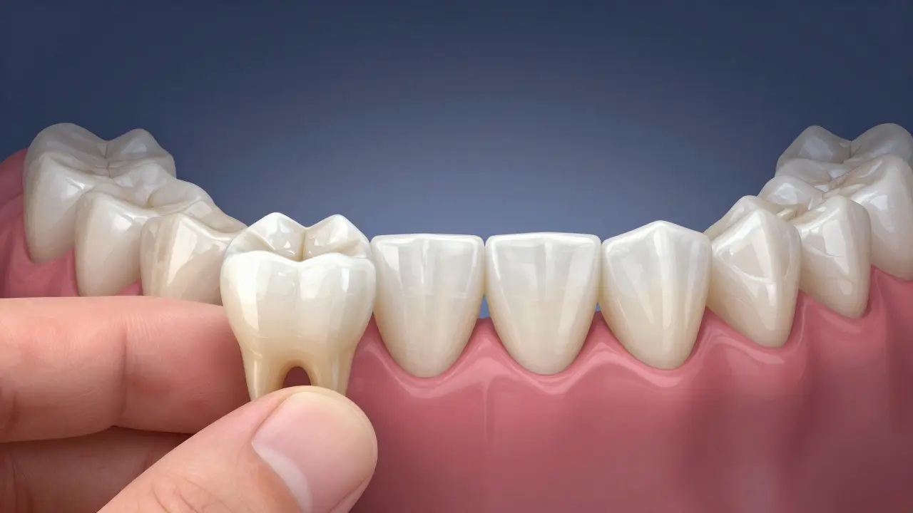 Keramický plíšek připomínající barvu zubu vedle přirozeného zubu.