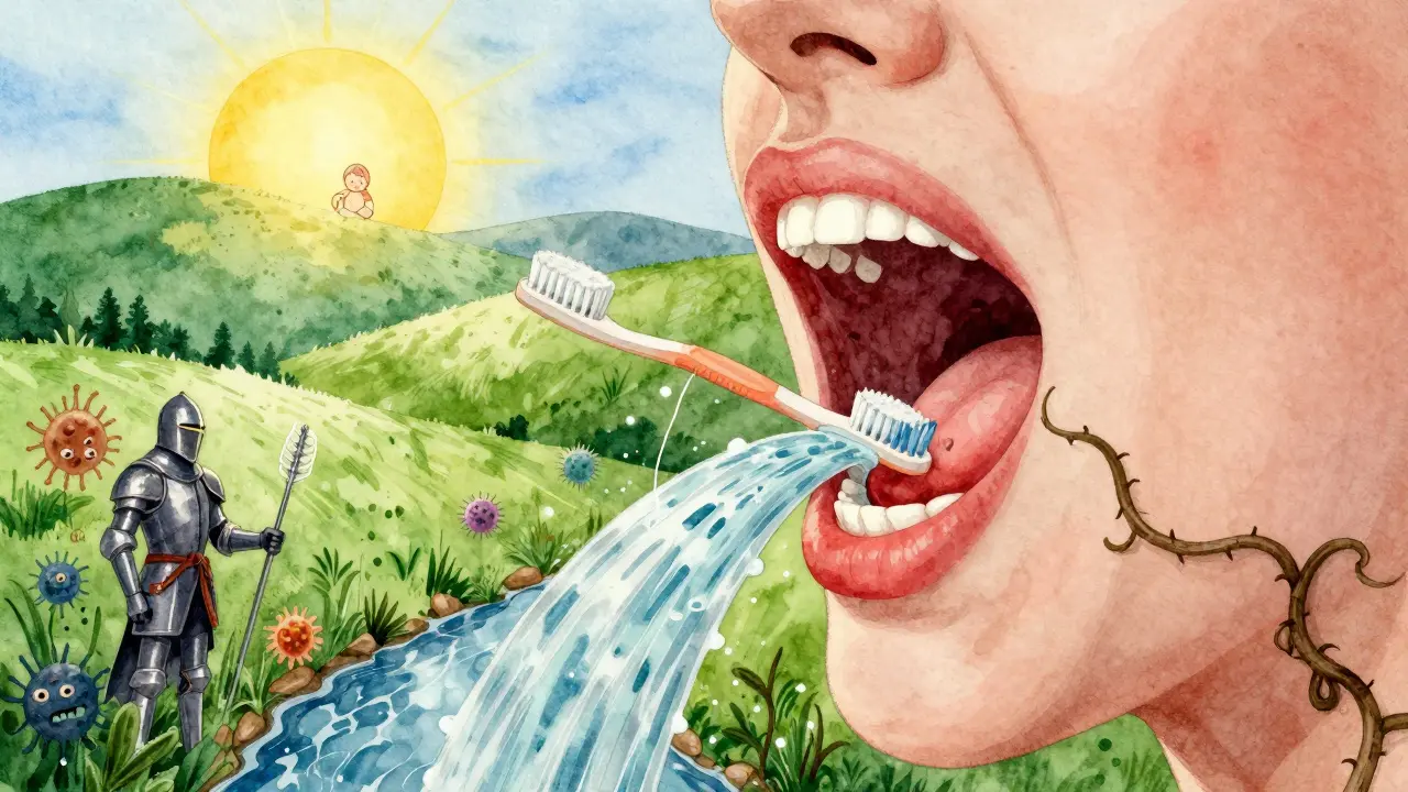 Koncepční obraz úst těhotné ženy jako krajiny, zdravé dásně jako zelené kopce, bakterie jako temné plíseň.