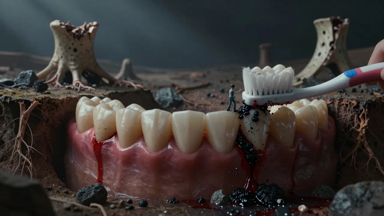 Koncepční zobrazení zánětu dásní jako zničení krajiny úst